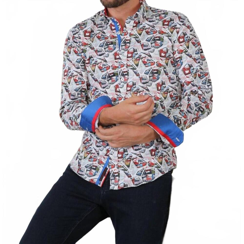 NEW EIGHT X comic style button down shirt with trim in multi